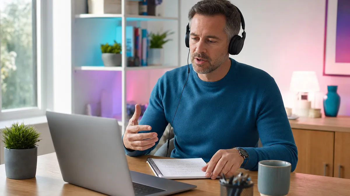 Mann übt Antworten für ein Vorstellungsgespräch laut am Laptop mit einer KI