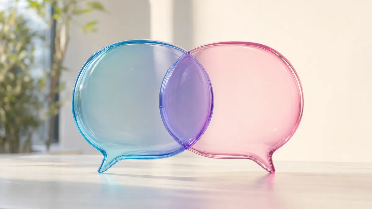 Einwandbehandlung trainieren mit KI – abstrakte Glas-Skulptur zweier verschmelzender Dialog-Formen