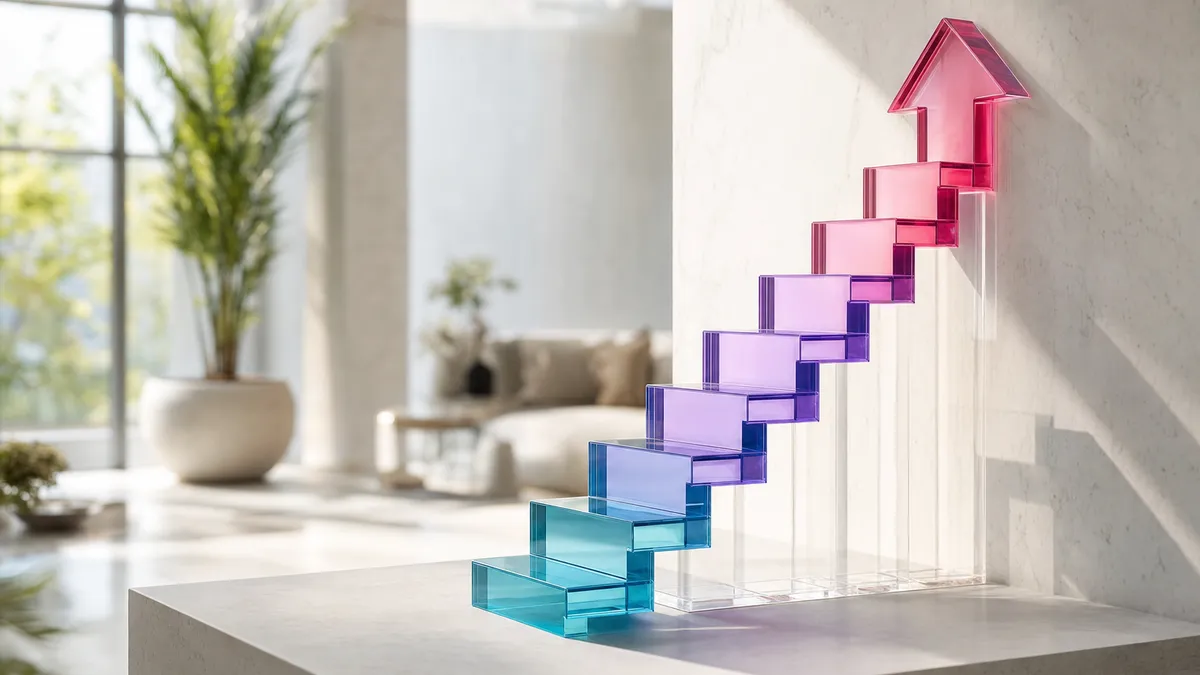 Warum klassisches Vertriebstraining nicht mehr funktioniert – abstrakte Glas-Skulptur aufsteigender Stufen