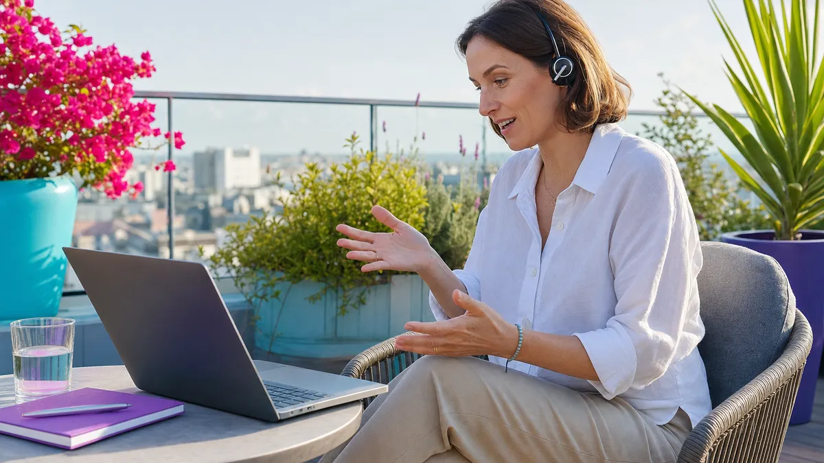KI-Beraterin im ortsunabhängigen Kundengespräch auf einer sonnigen Dachterrasse