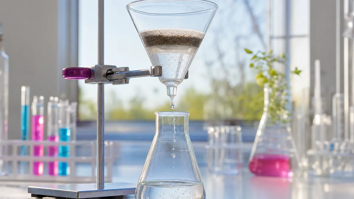 Glasfilter im Gegenlicht hält feine Partikel zurück – Sinnbild für Guardrails vor und hinter dem Modell