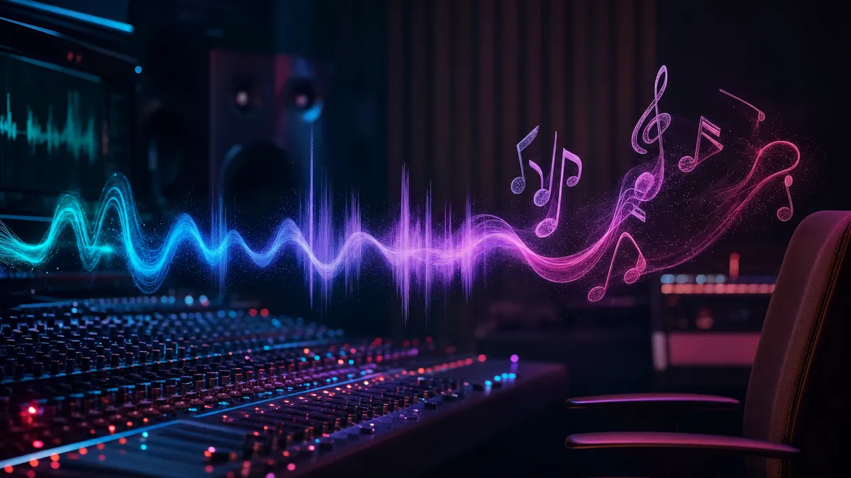 KI-Musik erstellen – abstrakte Klangwellen-Skulptur im Tonstudio-Licht