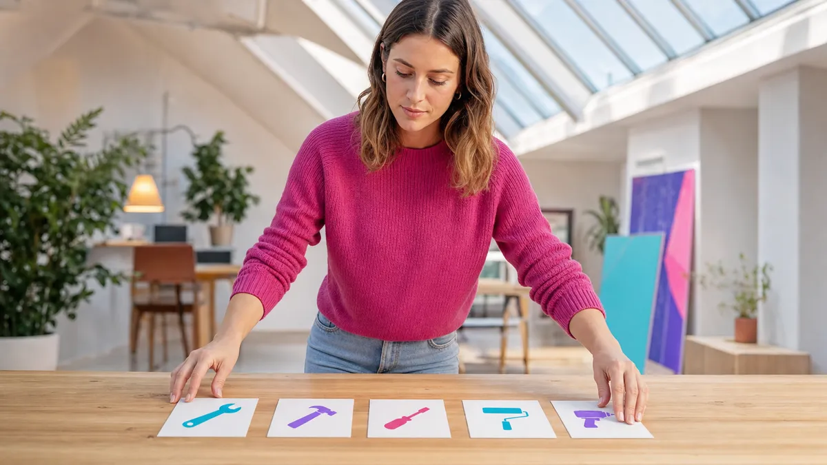 Marketerin sortiert in einem hellen Dachstudio fünf Werkzeug-Karten auf dem Tisch – KI-Tools fürs Marketing