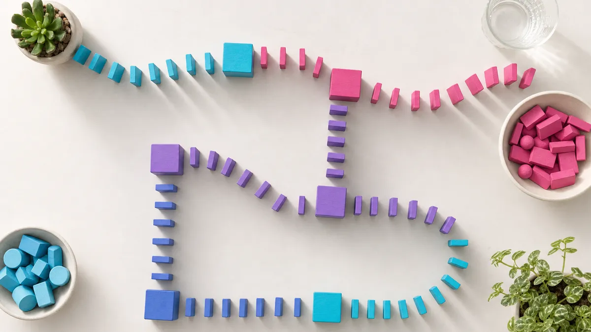 n8n-Automatisierung – bunte Bausteine bilden eine verzweigte Kette wie ein automatisierter Workflow
