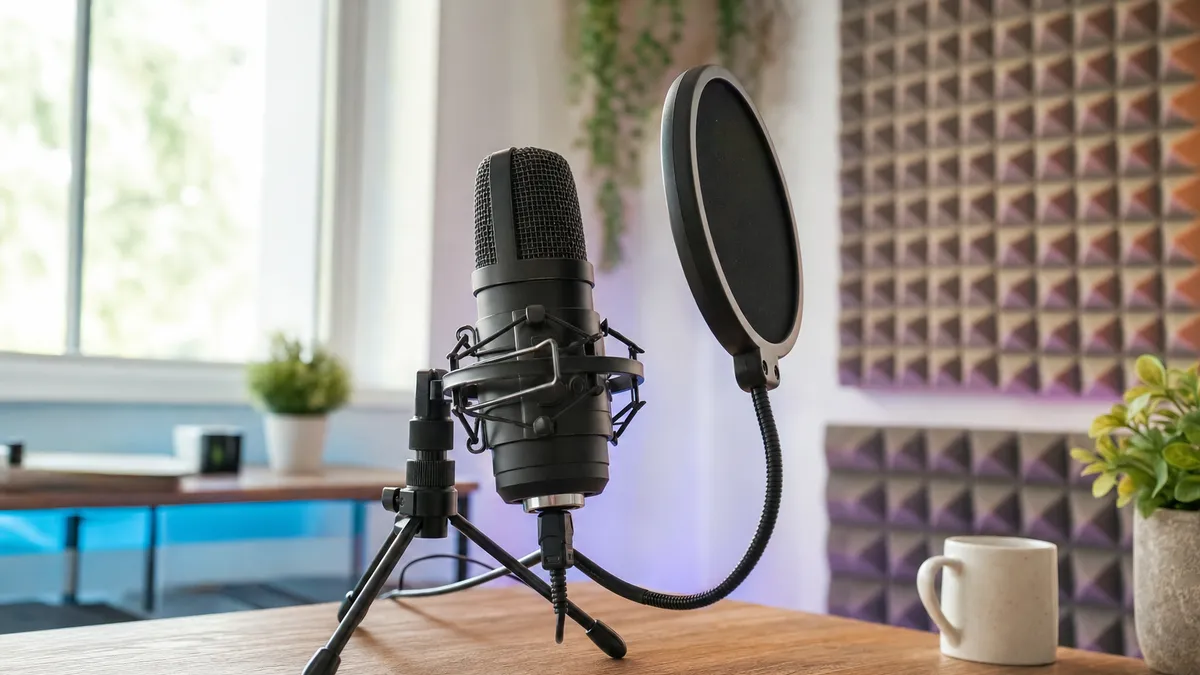 Podcast mit KI erstellen – Unternehmer nimmt eine Podcast-Episode am Mikrofon auf