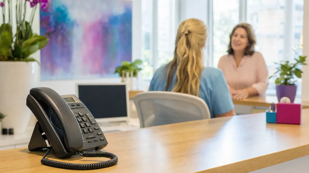 Telefon am Empfangstresen einer Praxis – typischer Einsatzort für einen Telefon-KI-Agenten